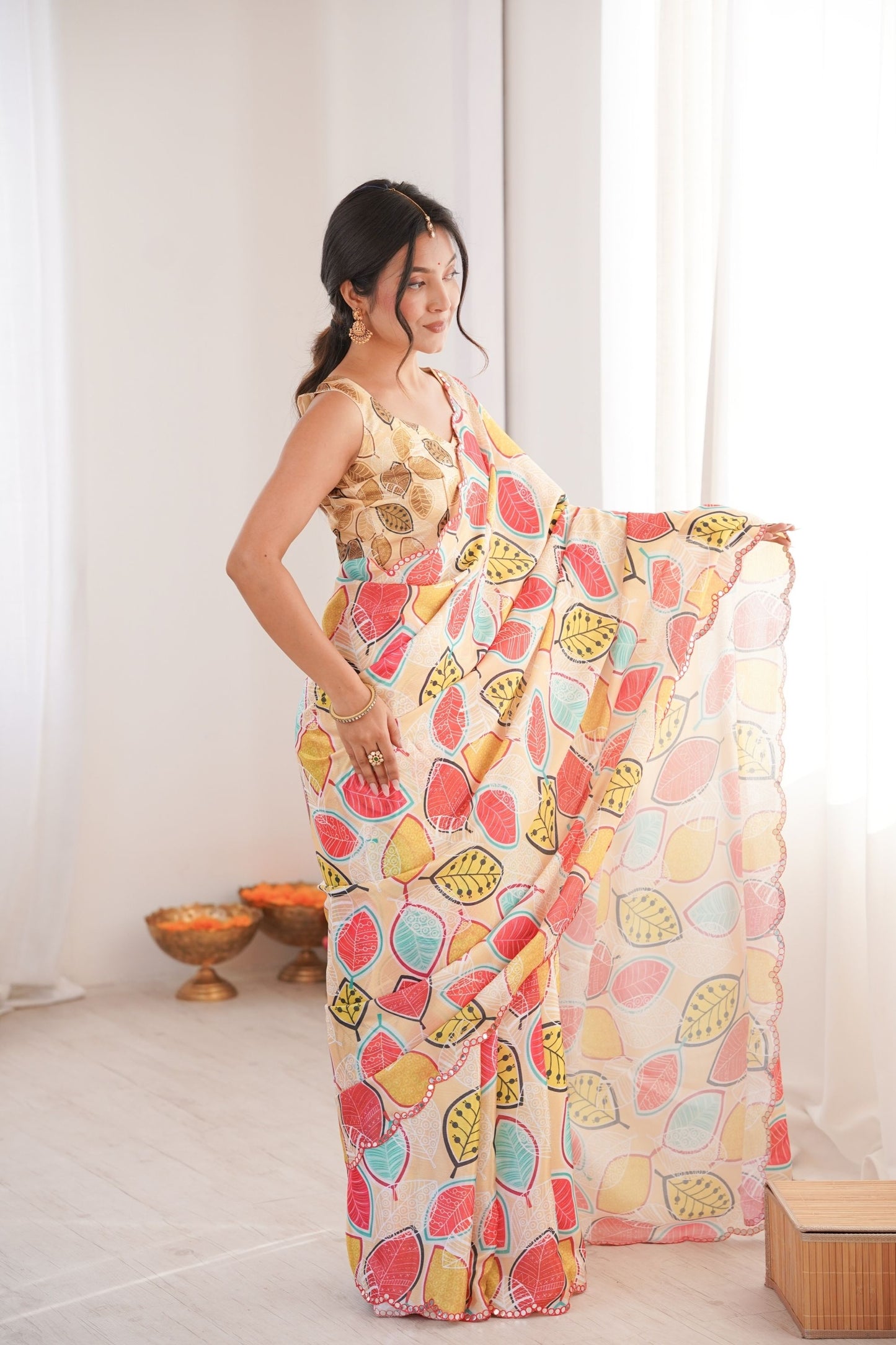 Cream Printed Chiffon Saree with Multicolor Leaf Design Blouse