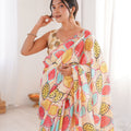 Cream Printed Chiffon Saree with Multicolor Leaf Design Blouse