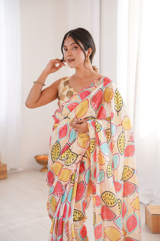 Cream Printed Chiffon Saree with Multicolor Leaf Design Blouse