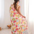 Cream Printed Chiffon Saree with Multicolor Leaf Design Blouse