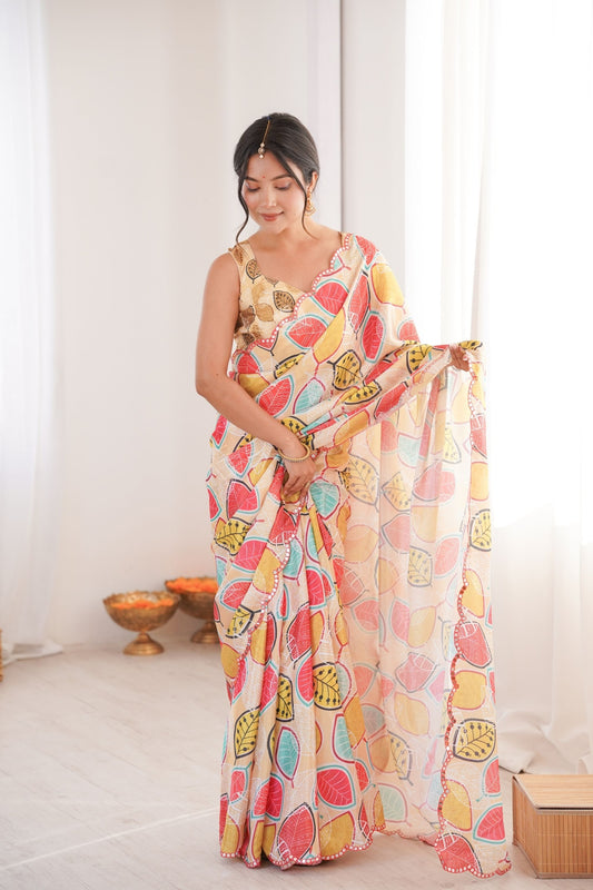 Cream Printed Chiffon Saree with Multicolor Leaf Design Blouse