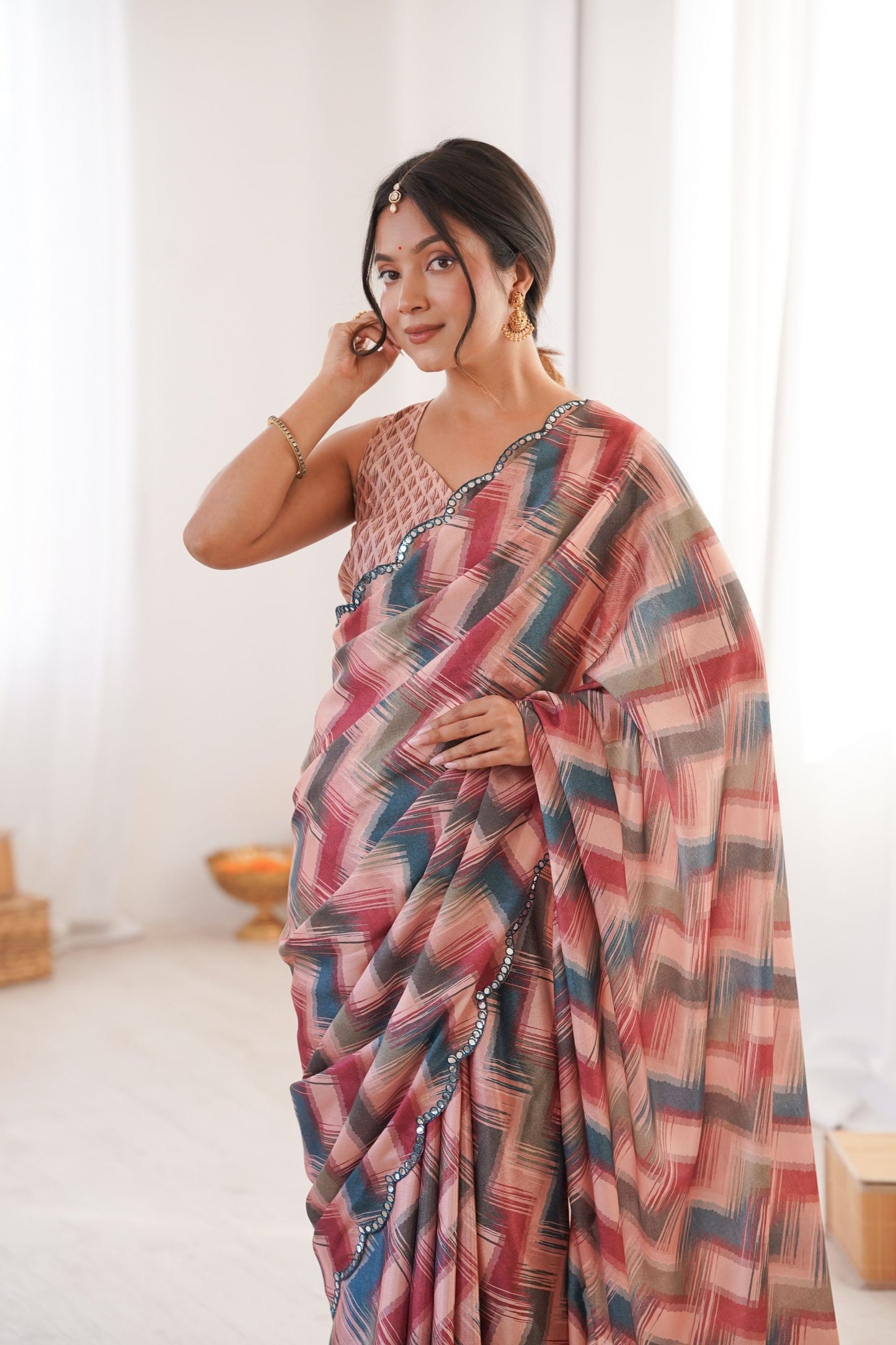 Multicolor Printed Chiffon Saree with Abstract Pattern Designer Blouse