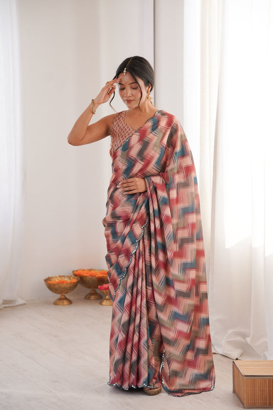 Multicolor Printed Chiffon Saree with Abstract Pattern Designer Blouse 