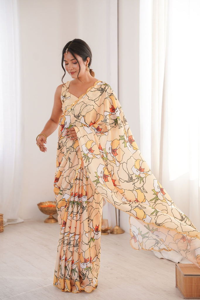 Pastel Floral Printed Georgette Saree Elegant Border Party Wear Saree