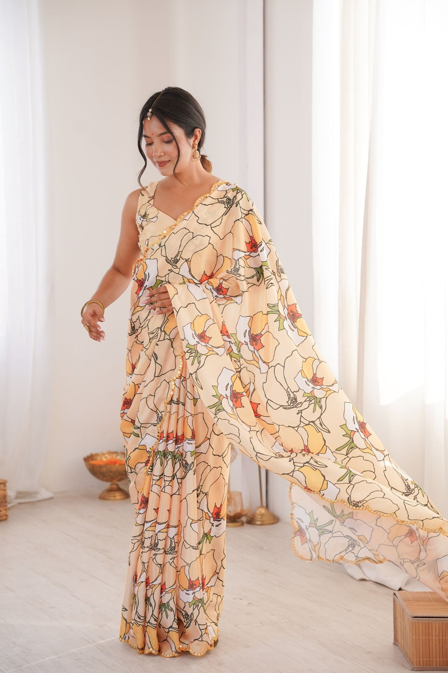Pastel Floral Printed Georgette Saree Elegant Border Party Wear Saree