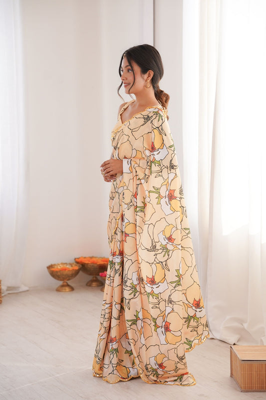 Pastel Floral Printed Georgette Saree Elegant Border Party Wear Saree