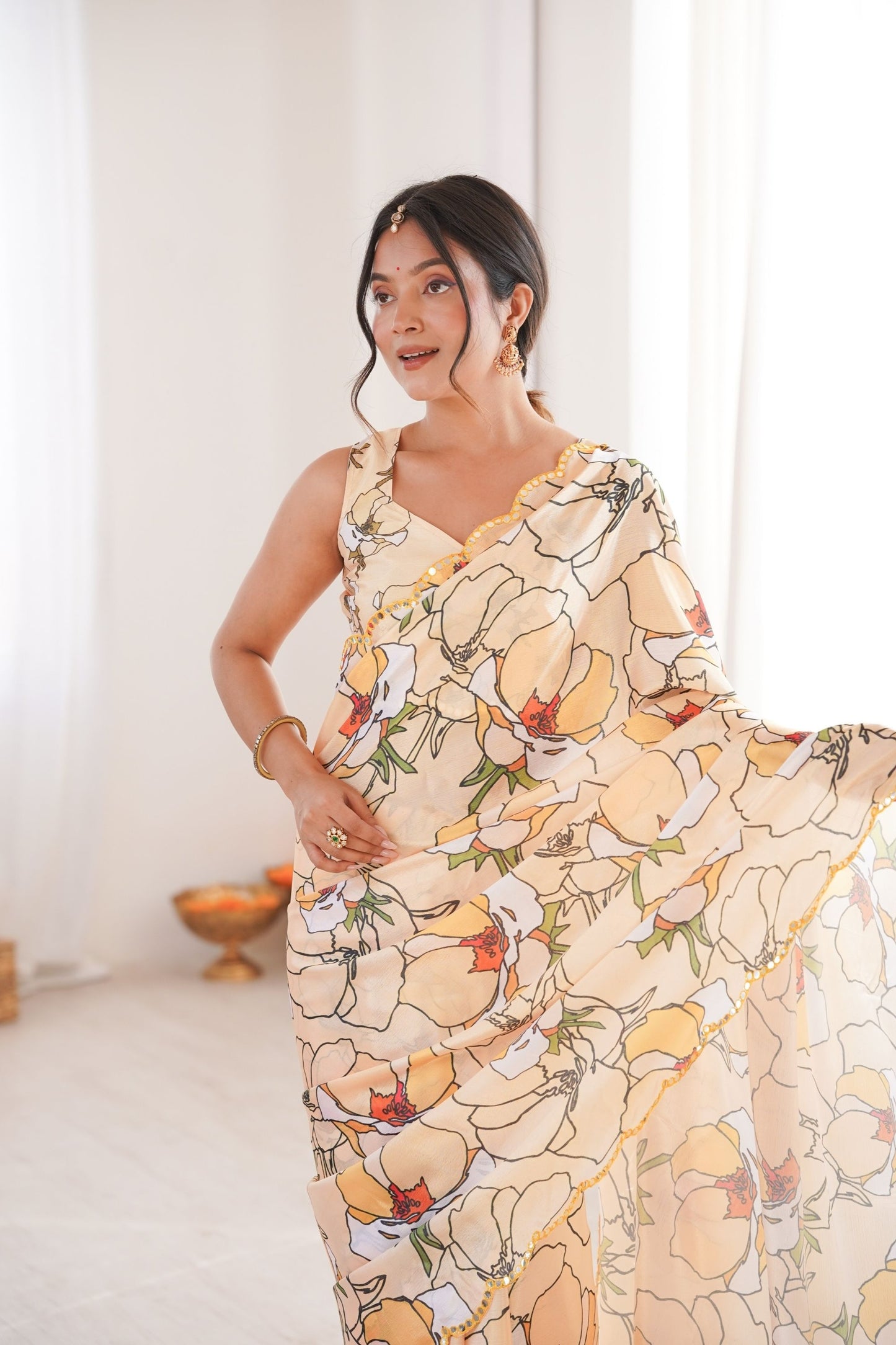 Pastel Floral Printed Georgette Saree Elegant Border Party Wear Saree