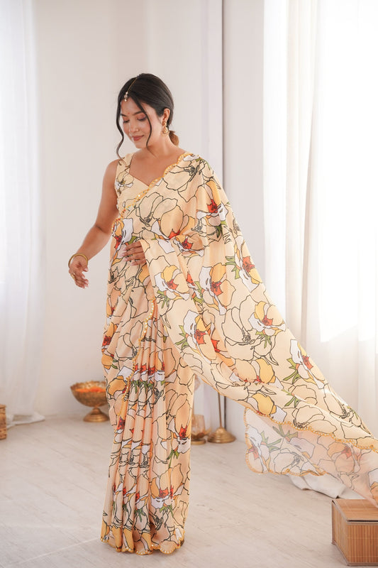 Pastel Floral Printed Georgette Saree Elegant Border Party Wear Saree