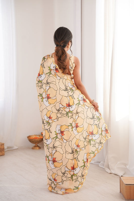 Pastel Floral Printed Georgette Saree Elegant Border Party Wear Saree
