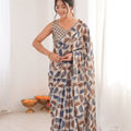 Grey Brown Geometric Printed Georgette Saree Sleeveless Blouse