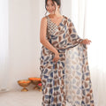 Grey Brown Geometric Printed Georgette Saree Sleeveless Blouse