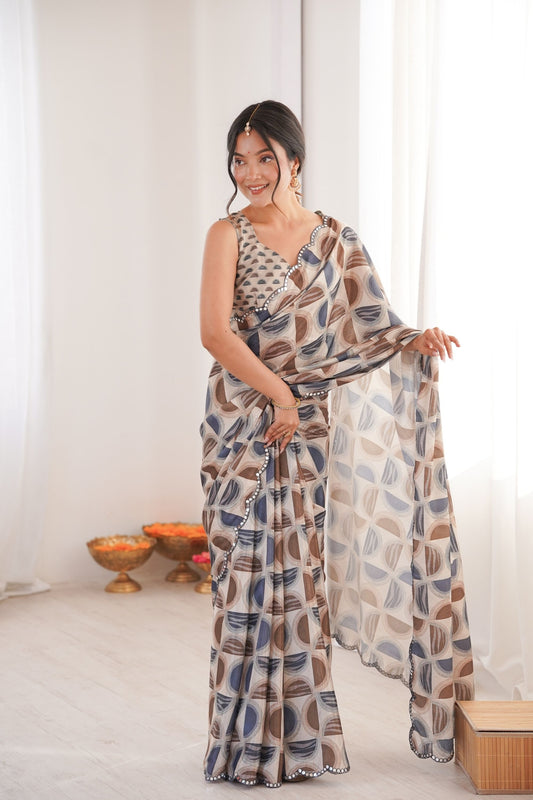 Grey Brown Geometric Printed Georgette Saree Sleeveless Blouse