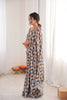 Grey Brown Geometric Printed Georgette Saree Sleeveless Blouse