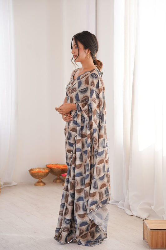 Grey Brown Geometric Printed Georgette Saree Sleeveless Blouse