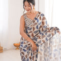 Grey Brown Geometric Printed Georgette Saree Sleeveless Blouse