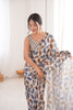 Grey Brown Geometric Printed Georgette Saree Sleeveless Blouse