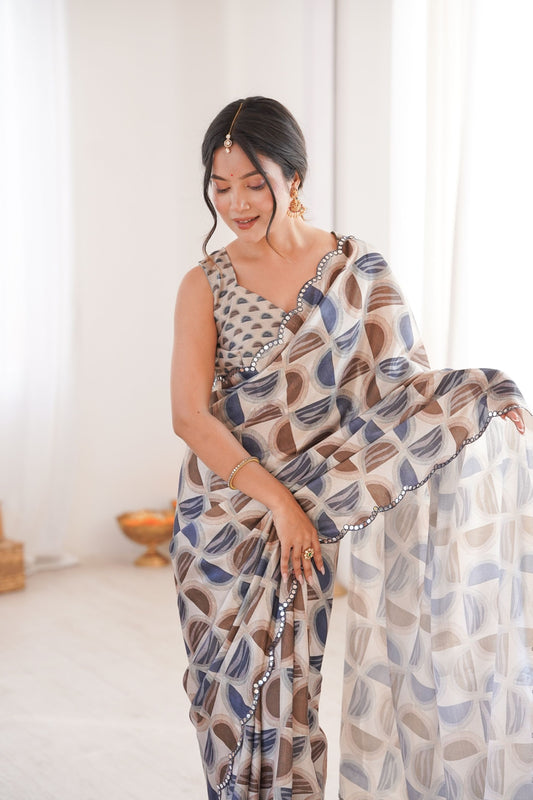 Grey Brown Geometric Printed Georgette Saree Sleeveless Blouse