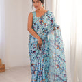 Sky Blue Floral Printed Georgette Saree Elegant Border Matching Blouse 