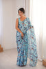 Sky Blue Floral Printed Georgette Saree Elegant Border Matching Blouse 