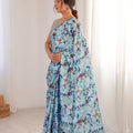 Sky Blue Floral Printed Georgette Saree Elegant Border Matching Blouse