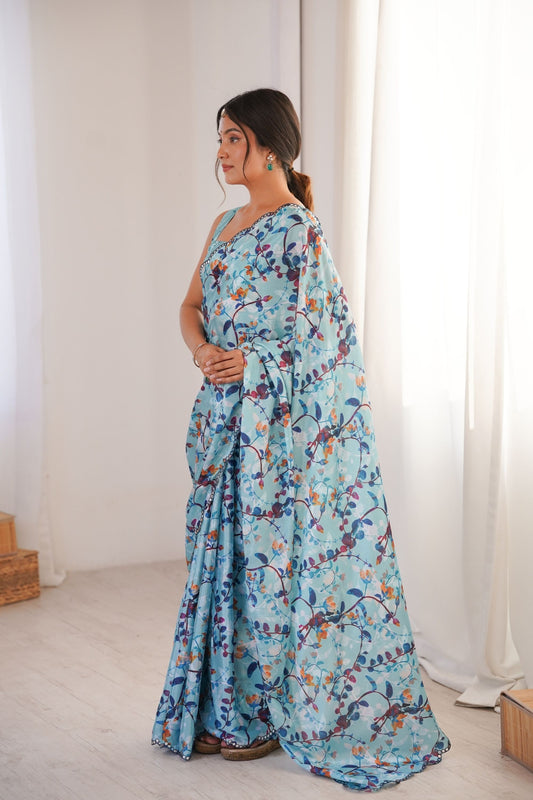 Sky Blue Floral Printed Georgette Saree Elegant Border Matching Blouse