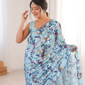 Sky Blue Floral Printed Georgette Saree Elegant Border Matching Blouse