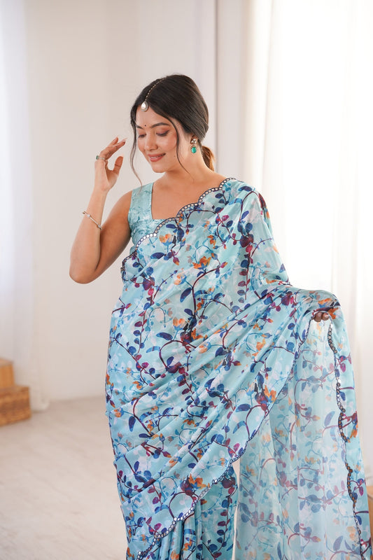 Sky Blue Floral Printed Georgette Saree Elegant Border Matching Blouse