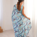 Sky Blue Floral Printed Georgette Saree Elegant Border Matching Blouse