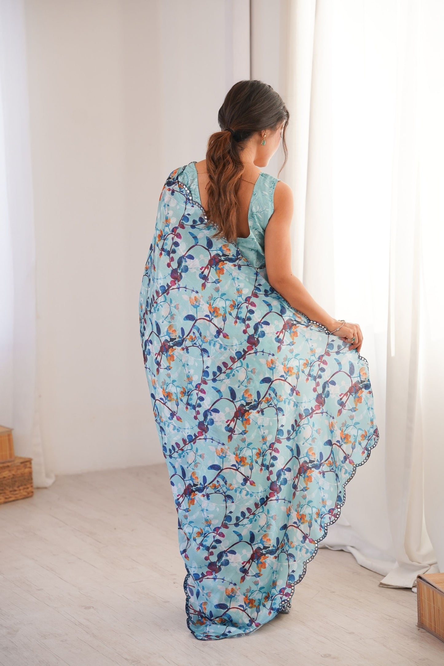 Sky Blue Floral Printed Georgette Saree Elegant Border Matching Blouse