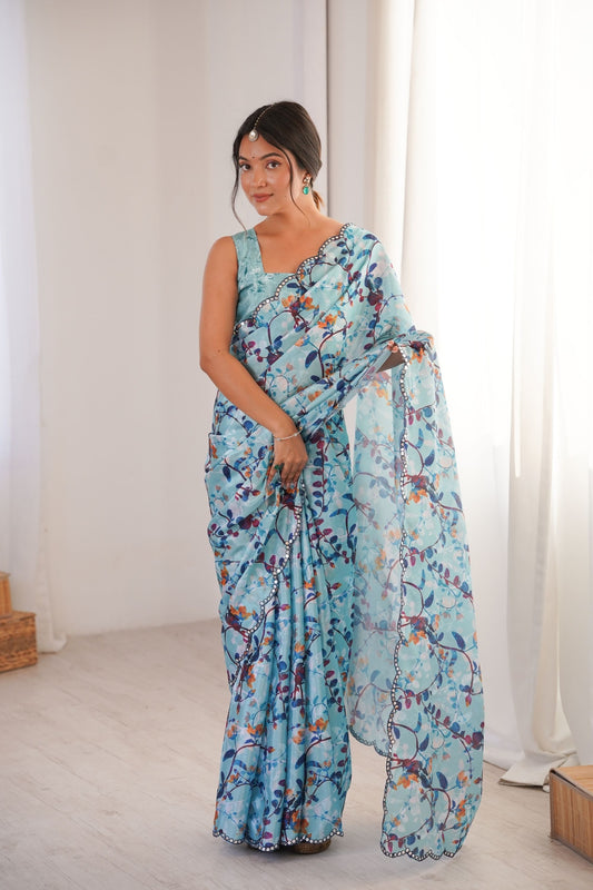 Sky Blue Floral Printed Georgette Saree Elegant Border Matching Blouse 