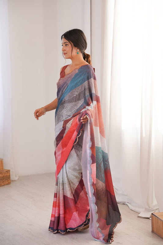Multicolor Printed Georgette Saree Elegant Border Matching Blouse