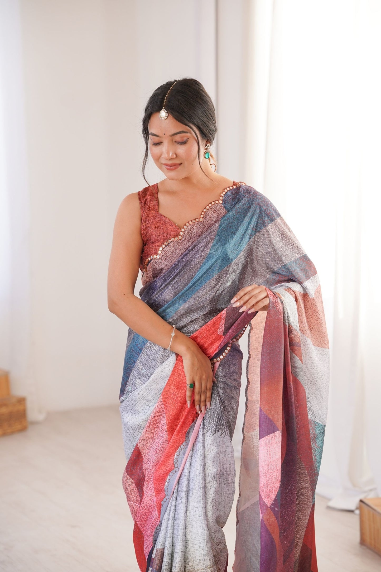 Multicolor Printed Georgette Saree Elegant Border Matching Blouse