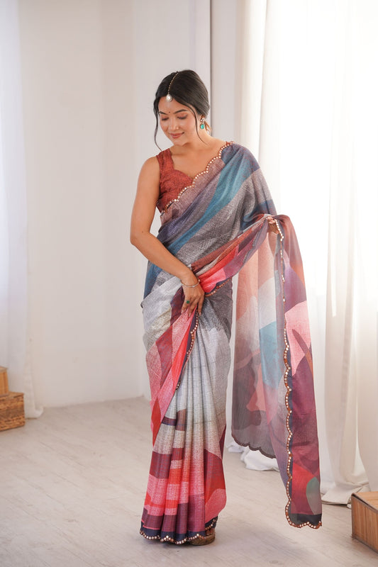Multicolor Printed Georgette Saree Elegant Border Matching Blouse