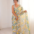 Grey Yellow Floral Printed Georgette Saree with Embellished Border