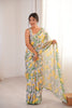 Grey Yellow Floral Printed Georgette Saree with Embellished Border