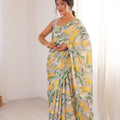 Grey Yellow Floral Printed Georgette Saree with Embellished Border