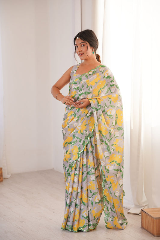 Grey Yellow Floral Printed Georgette Saree with Embellished Border