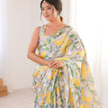 Grey Yellow Floral Printed Georgette Saree with Embellished Border
