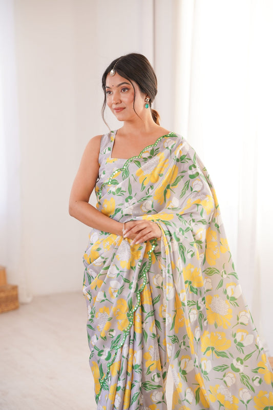 Grey Yellow Floral Printed Georgette Saree with Embellished Border