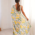 Grey Yellow Floral Printed Georgette Saree with Embellished Border