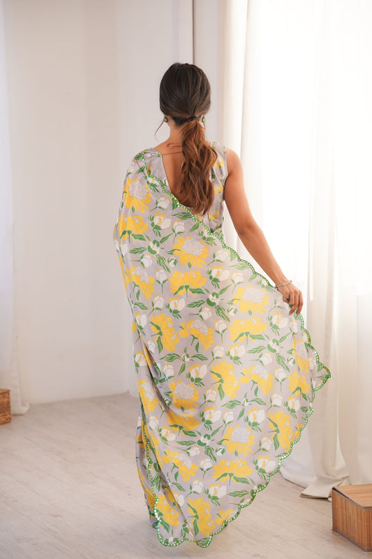 Grey Yellow Floral Printed Georgette Saree with Embellished Border