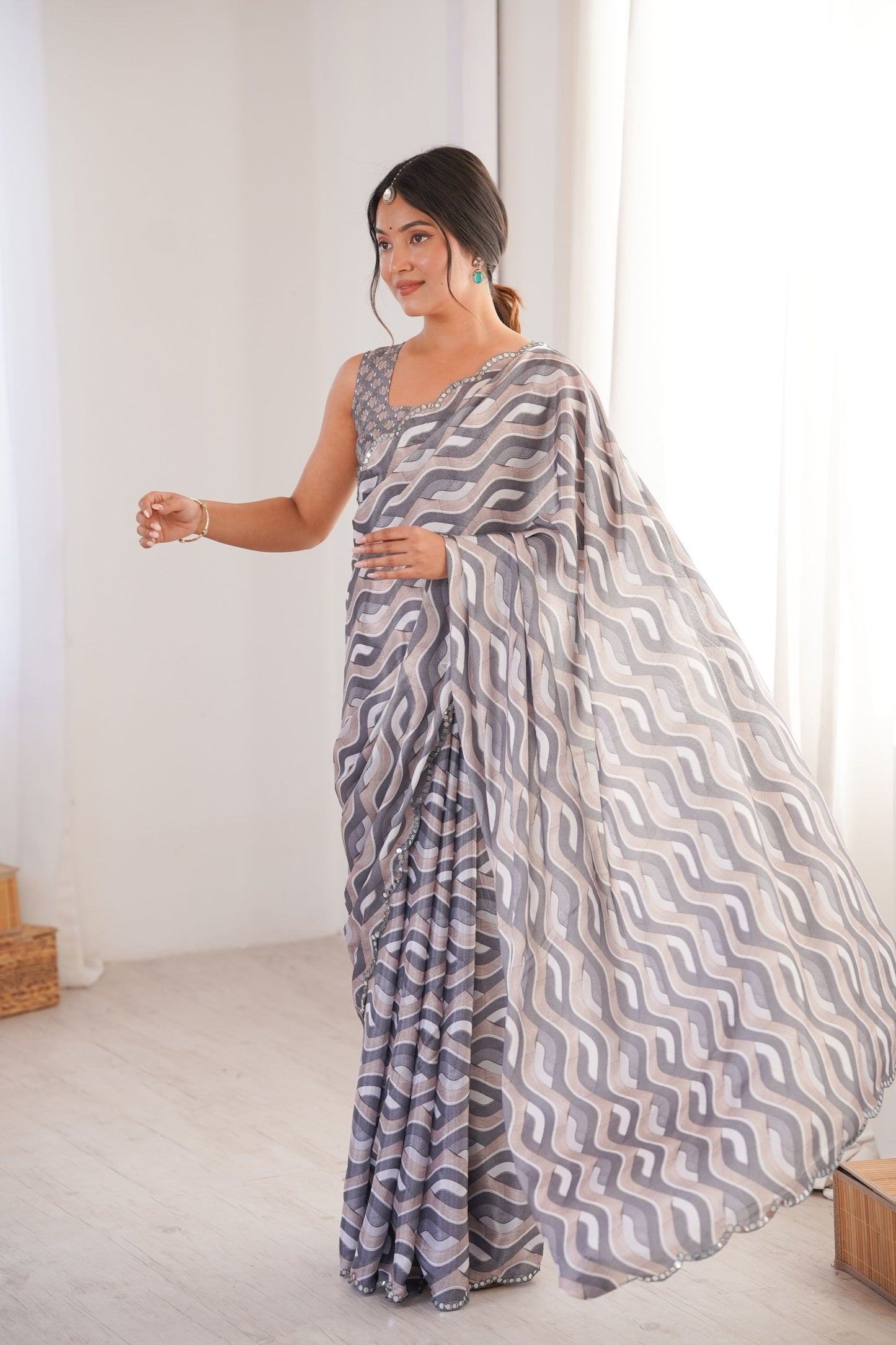 Grey Wavy Printed Georgette Saree Embellished Border Matching Blouse