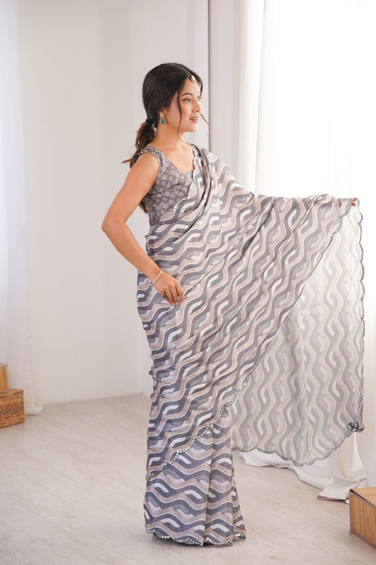 Grey Wavy Printed Georgette Saree Embellished Border Matching Blouse