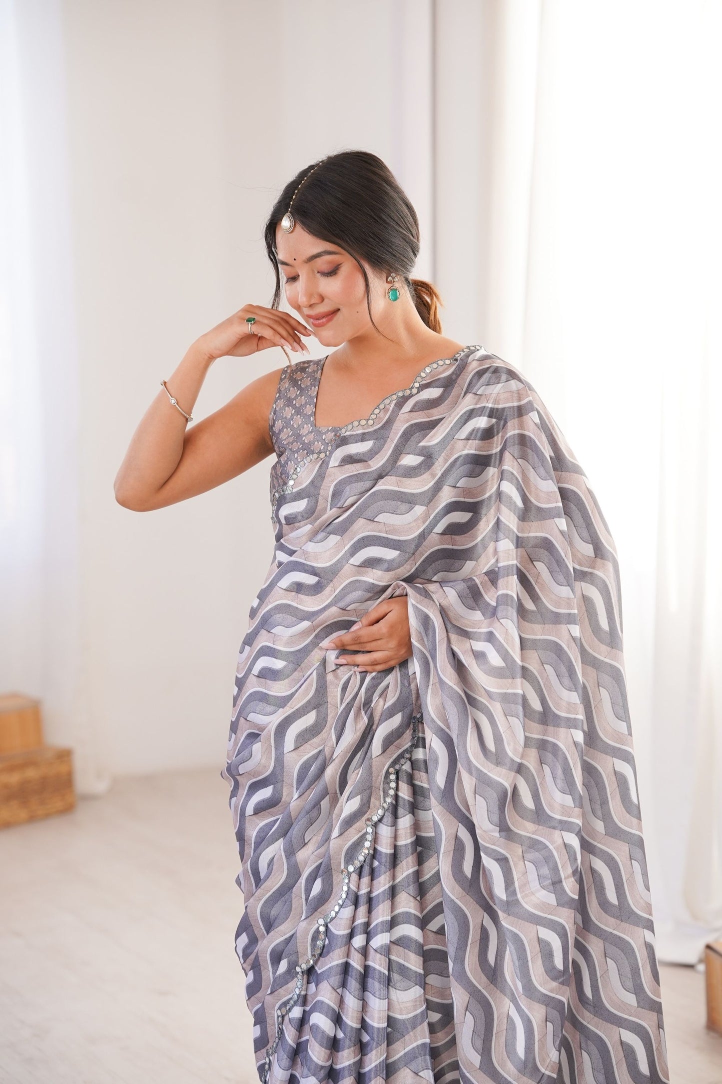 Grey Wavy Printed Georgette Saree Embellished Border Matching Blouse
