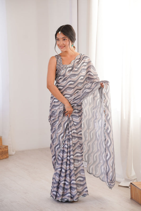Grey Wavy Printed Georgette Saree Embellished Border Matching Blouse 
