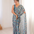 Teal Blue Printed Georgette Saree Mirror Work Border Matching Blouse