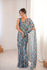 Teal Blue Printed Georgette Saree Mirror Work Border Matching Blouse