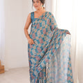 Teal Blue Printed Georgette Saree Mirror Work Border Matching Blouse