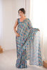 Teal Blue Printed Georgette Saree Mirror Work Border Matching Blouse