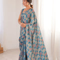 Teal Blue Printed Georgette Saree Mirror Work Border Matching Blouse